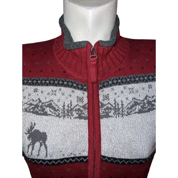 Woolrich Sweater Womens Size L Red Cabin Forest Moose Winter Scene Zip Cardigan - Picture 2 of 11